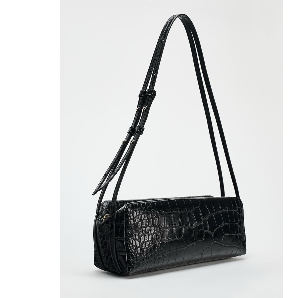 ZARA BLACK SHOULDER BAG 6241/410 CYLINDRICAL 90s HANDBAG PURSE CROC FAUX LEATHER